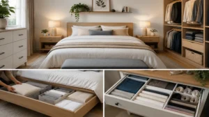 Chambre moderne parfaitement organisée avec rangements intelligents et décoration minimaliste élégante