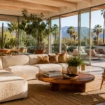 Salon moderne californien lumineux avec décoration vintage chic et mobilier en bois naturel