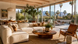 Salon moderne californien lumineux avec décoration vintage chic et mobilier en bois naturel