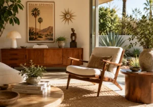 Maison californienne ouverte sur un patio Palm Springs avec décoration vintage chic