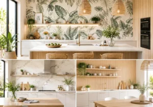 Cuisine moderne lumineuse avec papier peint végétal tendance, îlot central blanc et décoration naturelle haut de gamme