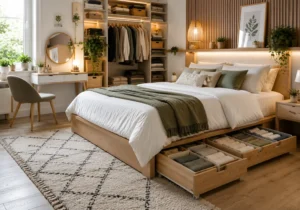Chambre moderne parfaitement organisée avec rangements intégrés, dressing ouvert et ambiance minimaliste chaleureuse