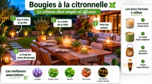 Exemple de jardin moderne l'été avec des belles bougies déco anti-moustique