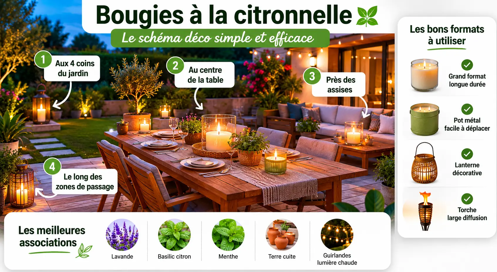 Exemple de jardin moderne l'été avec des belles bougies déco anti-moustique