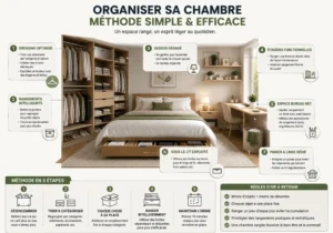 Infographie moderne expliquant les meilleures méthodes de rangement et d’organisation d’une chambre propre et fonctionnelle