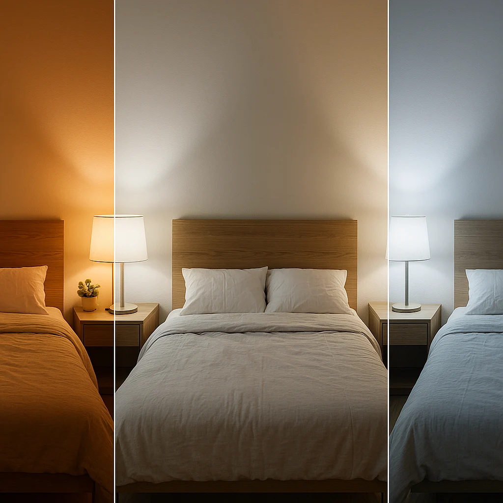 Comparaison visuelle des températures de couleur des lampes dans une chambre
