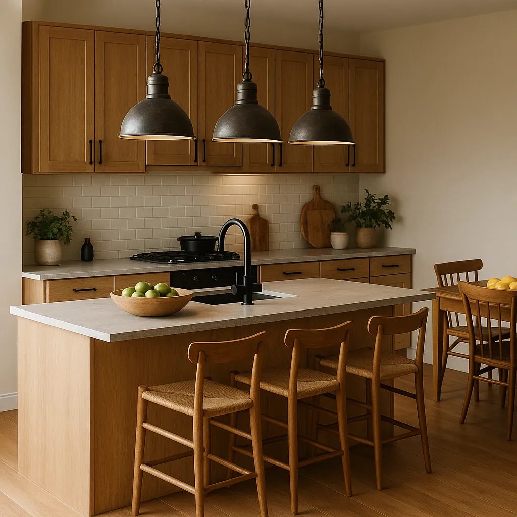 Cuisine avec lampes industrielles style atelier au-dessus d’un îlot