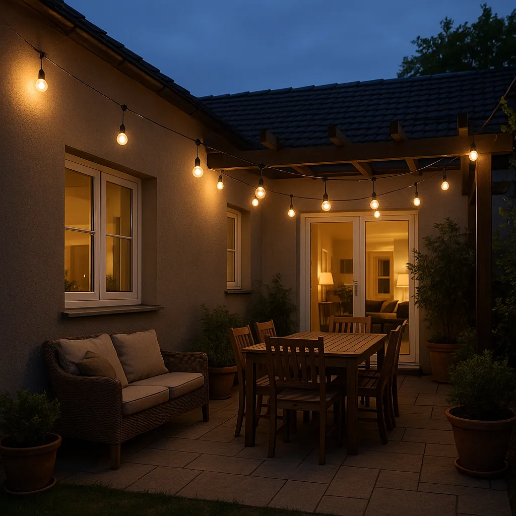 Guirlande guinguette : comment bien éclairer sa terrasse ? 2 Guirlande guinguette installée sur une terrasse pour créer une ambiance chaleureuse