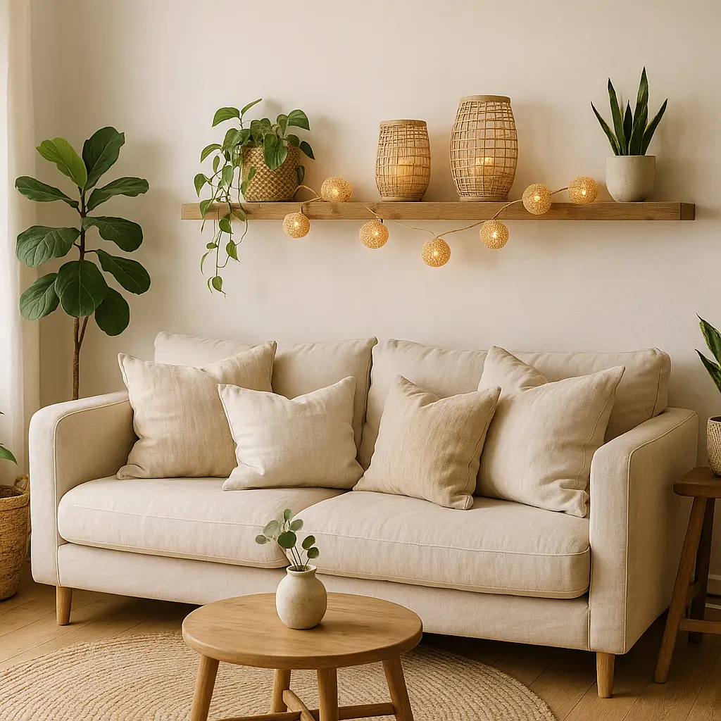 Guirlandes en rotin décoration dans un salon naturel avec bois et lin