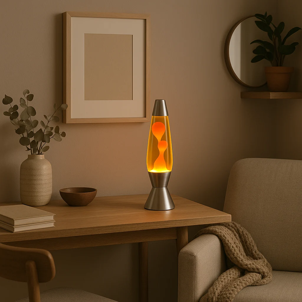 Lampe à lave : pourquoi revient-elle à la mode ? 2 Lampe à lave dans un coin lecture moderne et apaisant