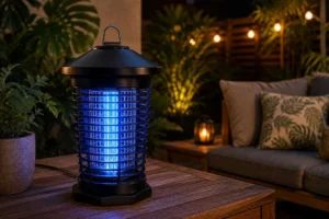 Lampe anti-moustique : quels modèles sont réellement efficaces ? 2 Lampe anti-moustique électrique à lumière UV bleue installée sur une terrasse extérieure