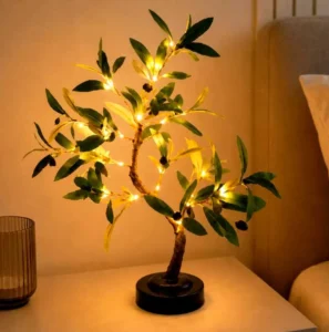 Arbre lumineux décoratif avec feuilles d’olivier et petites LED à lumière chaude