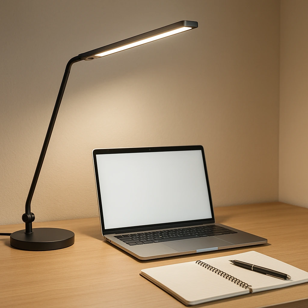Comment choisir une lampe de bureau ? Guide complet pour travailler confortablement 1 Lampe de bureau LED orientable sur un bureau confortable