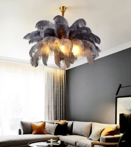 Lampe plume : une décoration lumineuse élégante et originale 2 Suspension en plumes grises design pour salon