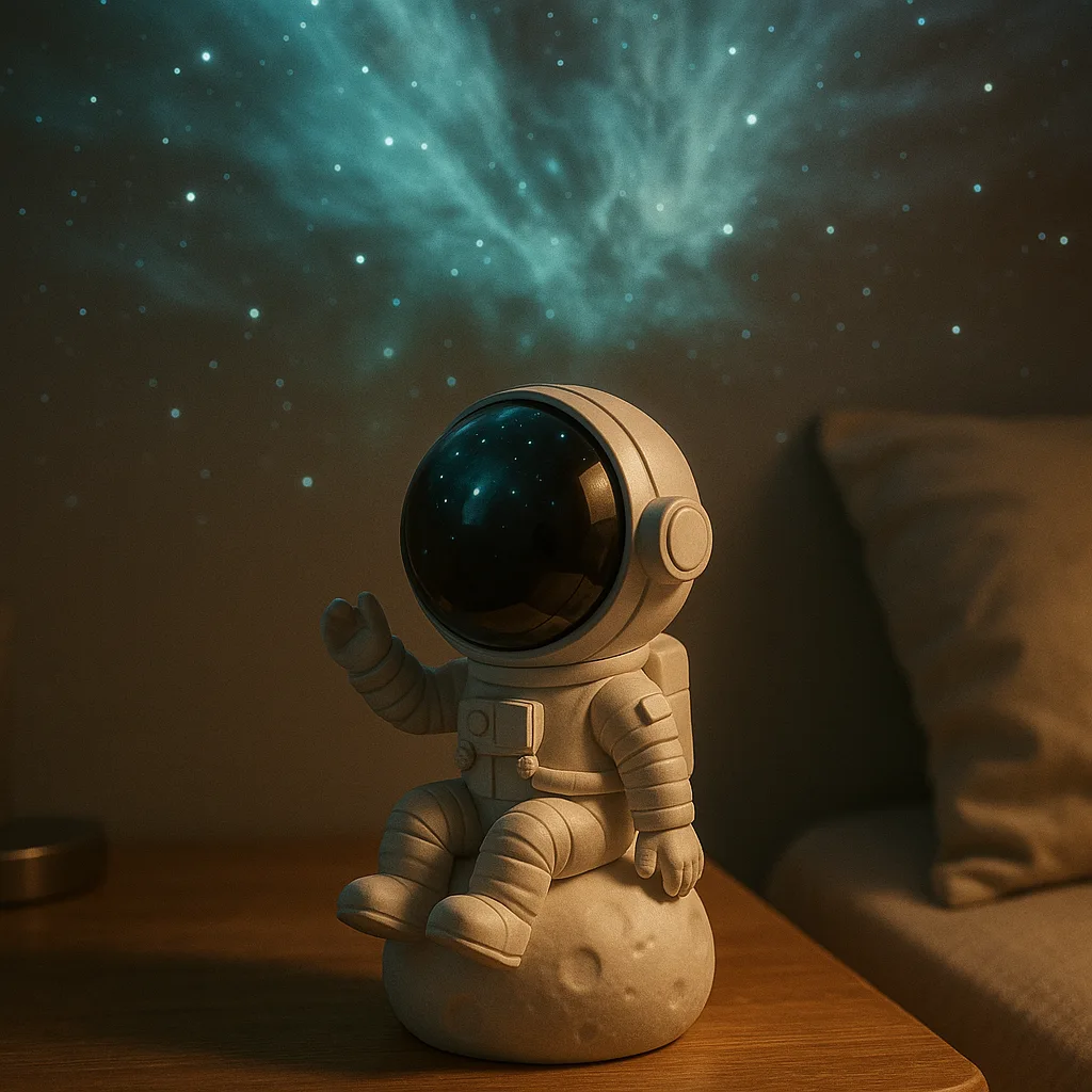 Veilleuse astronaute : pourquoi ce projecteur galaxie fait autant rêver ? 3 Projecteur veilleuse astronaute avec projection de galaxie sur le plafond