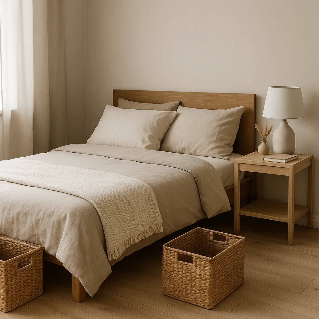 Rangement et textiles naturels dans une chambre zen