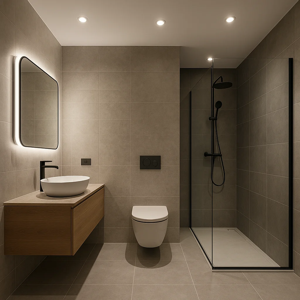 Salle de bain moderne avec éclairage bien réparti et sécurisé