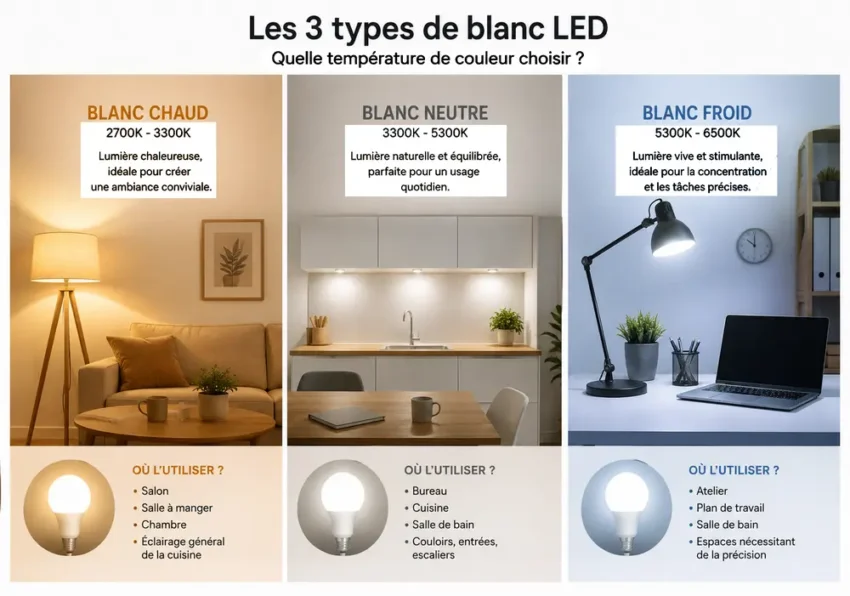Comparatif des trois températures de couleur LED blanc chaud, neutre et froid