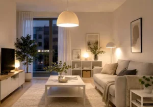 Salon scandinave avec éclairage chaleureux et luminaires modernes