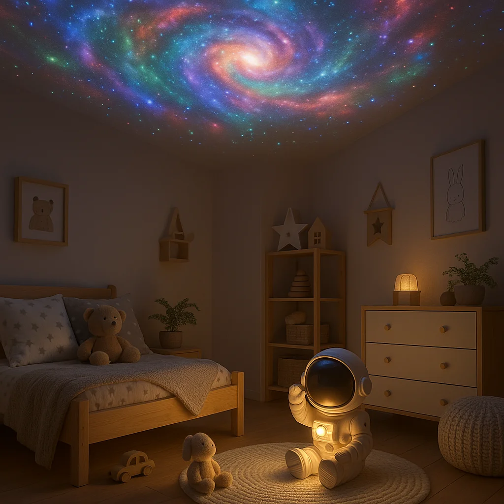 Veilleuse astronaute : pourquoi ce projecteur galaxie fait autant rêver ? 2 Veilleuse astronaute galaxie dans une chambre d’enfant décorée en style scandinave