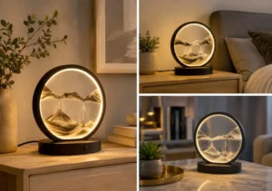 Lampe sable : une décoration relaxante et hypnotique 4 Lampe à sable mouvant ronde lumineuse posée sur une table dans un intérieur moderne
