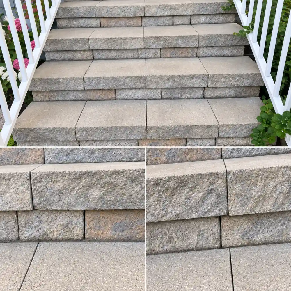 Comment remplir les joints verticaux entre des dalles avec du sable polymère ? 2 escalier extérieur en blocs de pierre gris clair, rambardes blanches, fleurs roses et feuillages verts sur les côtés