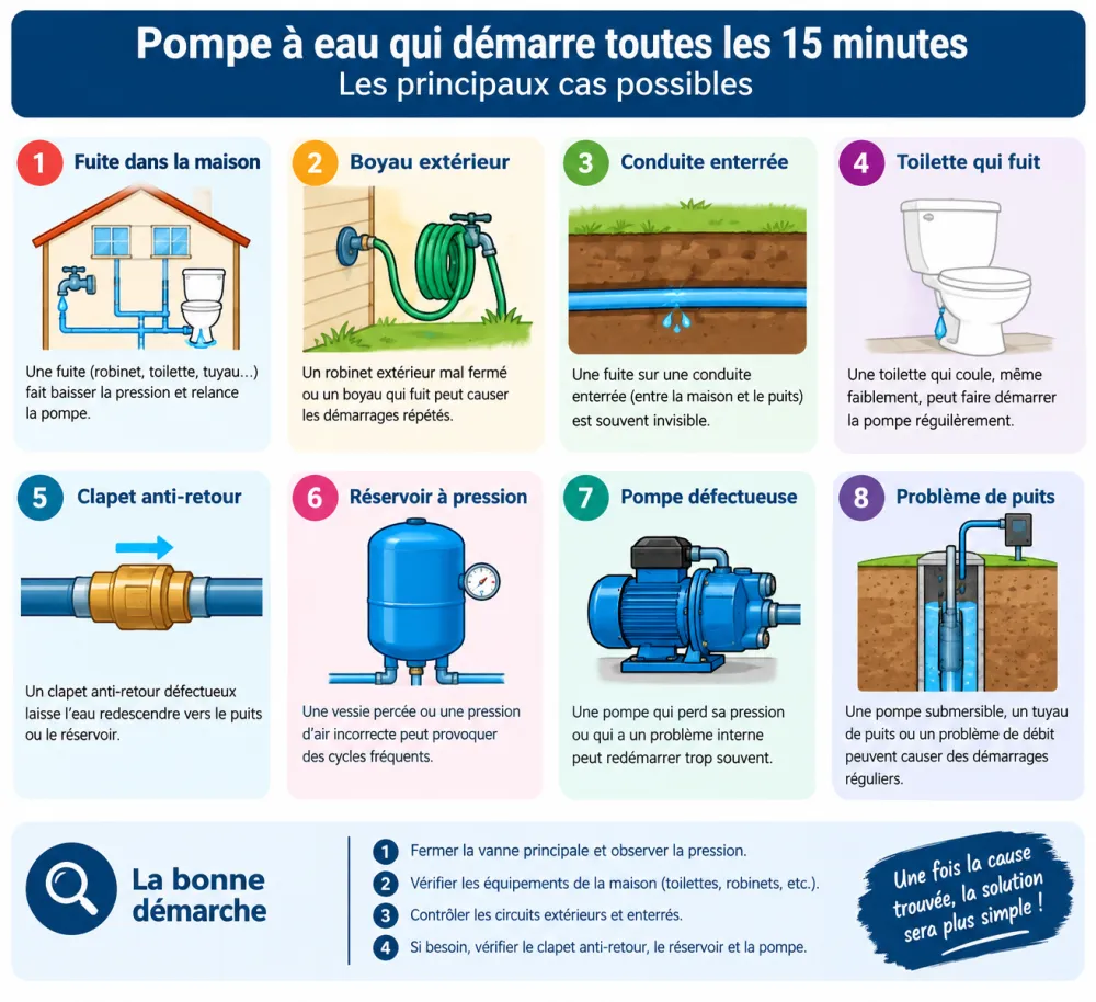 Pourquoi ma pompe à eau démarre toutes les 15 minutes ? Causes et vérifications à faire 2 Poster pédagogique avec huit carrés illustrant des causes d'une pompe à eau qui démarre fréquemment, incluant tuyaux et robinets.