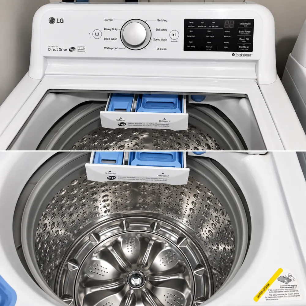 Laveuse qui pue malgré le nettoyage : d’où vient la mauvaise odeur et comment l’éliminer ? 2 Vue en gros plan d’un lave-linge à chargement par l’avant, porte ouverte, avec deux compartiments bleus visibles et tambour métallique perforé.