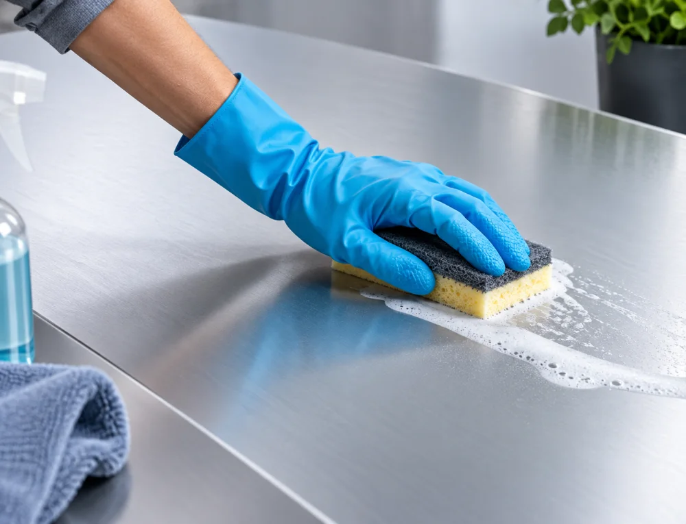 Comment nettoyer de l’aluminium peint sans l’endommager ? 2 main gantée bleue utilise une éponge jaune avec pad noir pour nettoyer une surface en acier inoxydable, mousse et flacon visibles à côté