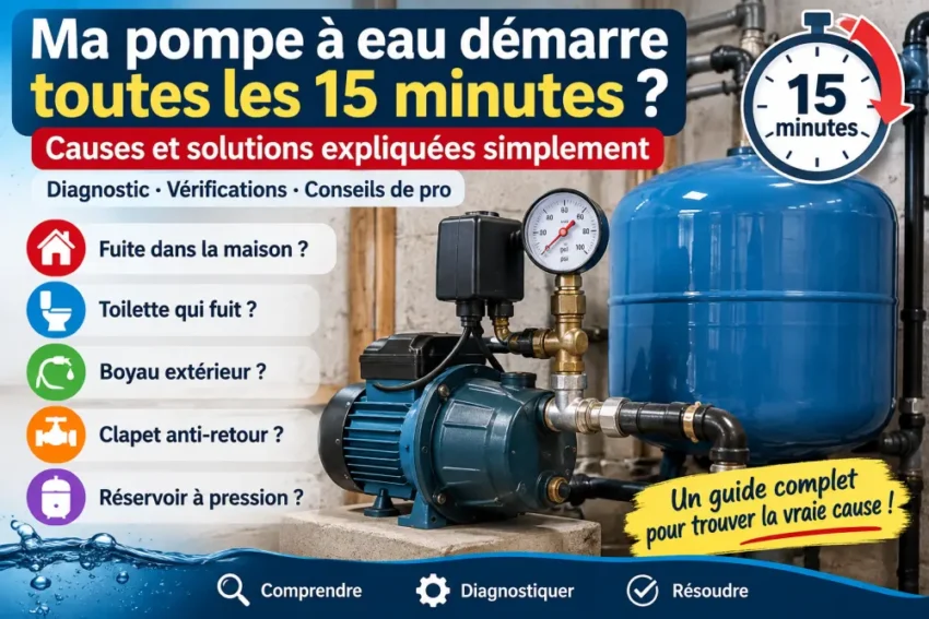 Pourquoi ma pompe à eau démarre toutes les 15 minutes ? Causes et vérifications à faire 1 pompe a eau bleue reliee a un grand reservoir bleu, avec manometre et tuyaux metalliques