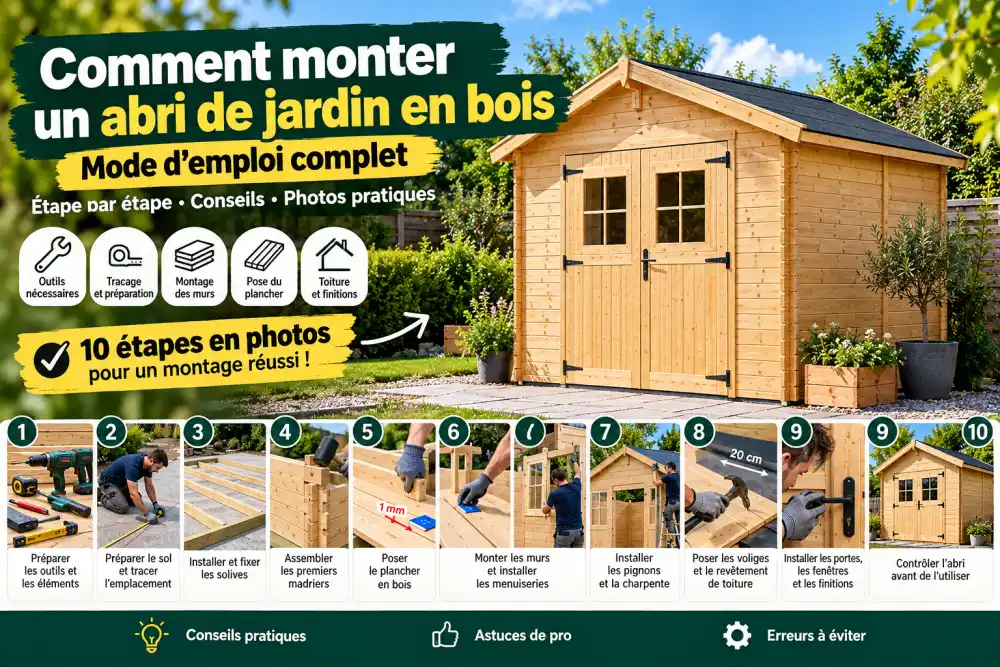Abri de jardin en bois clair avec double porte et fenêtres, posé sur un chemin pavé près de plantes en pot et d'une clôture