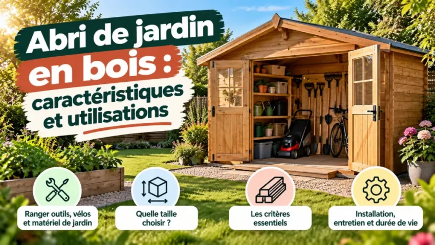 Abri de jardin en bois avec portes ouvertes, etageres d'outils, tondeuse et velo, a cote d'une grande banniere coloree