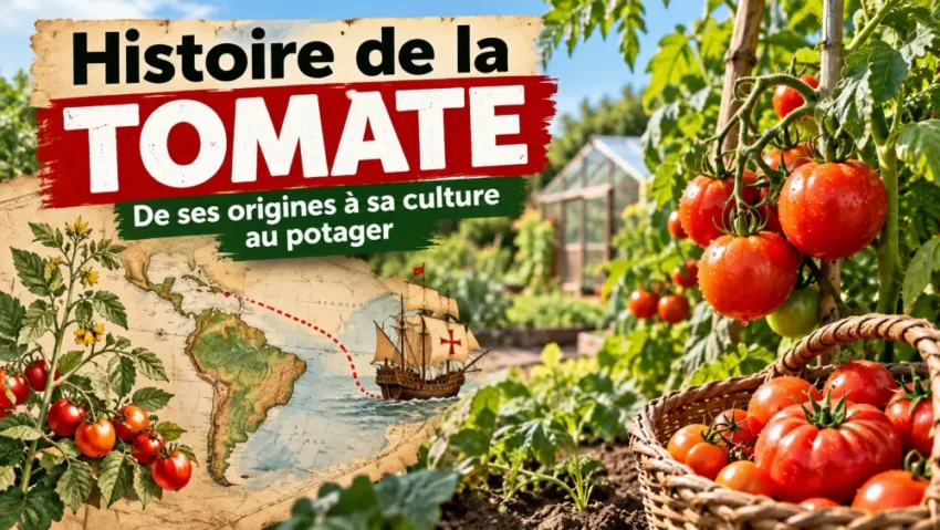 Histoire de la tomate : de ses origines à sa culture au potager 6 Affiche lisible à gauche affichant le titre Histoire de la TOMATE, avec des tomates sur la vigne et un panier à droite.
