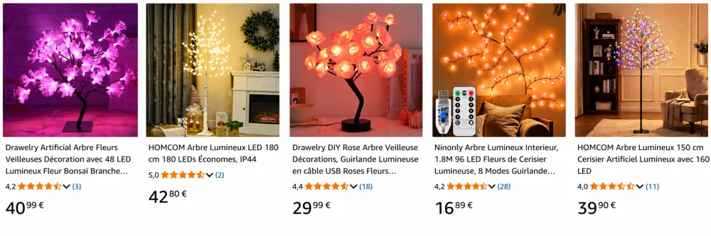 Arbre lumineux à fleurs : la décoration qui attire tous les regards 7 cinq arbres lumineux a leds affichent des fleurs et branches, dans des ambiances intérieures variées: violet, jaune chaud, rose, orange, multicolore