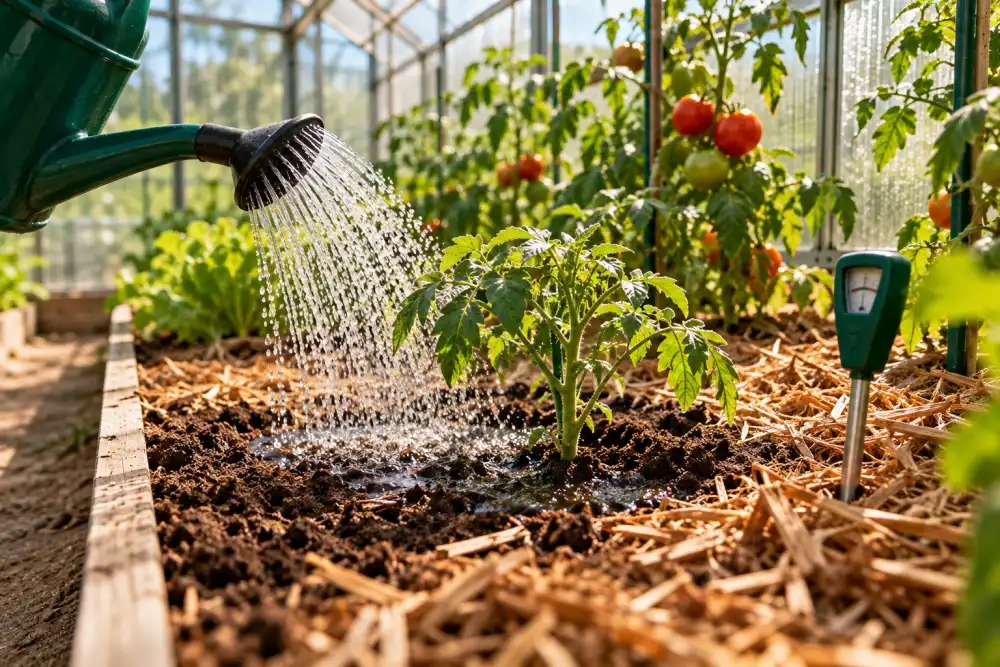Rien ne pousse dans ma serre : causes et solutions pour relancer les cultures 3 arrosoir vert arrosant une jeune plante de tomate au centre d'un bac de terre mouillée, paillis autour, serre lumineuse et tomates rouges visibles derrière