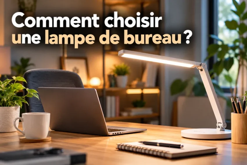 Texte en surimpression lisible en haut: 'Comment choisir une lampe de bureau ?', au-dessus d’un bureau avec lampe articulée et ordinateur portable.