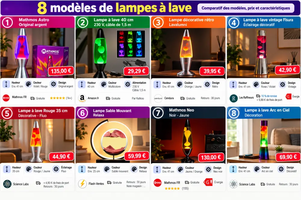 huit panneaux affichent chacun une lampe a lave colorée sur fond neutre, avec prix rouges et petites fiches descriptives