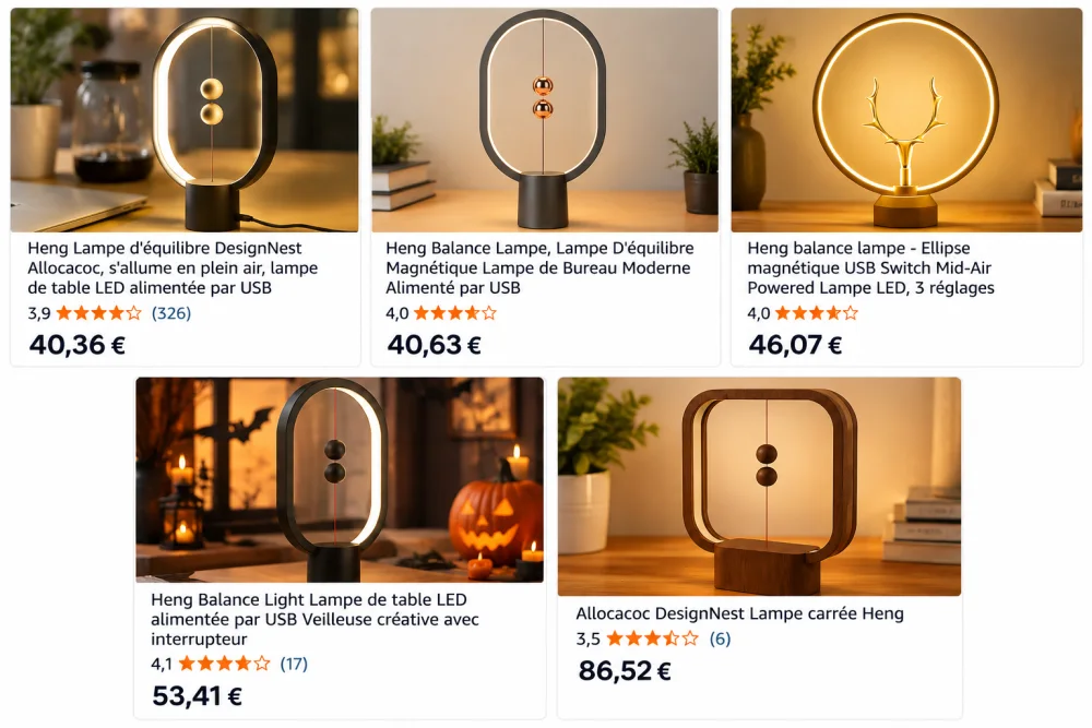 Lampe Heng : pourquoi cette lampe magnétique est-elle si populaire ? 4 ensemble de six lampes heng balance a anneau lumineux sur socle dans un cadre bureau et decoration chaleureuse