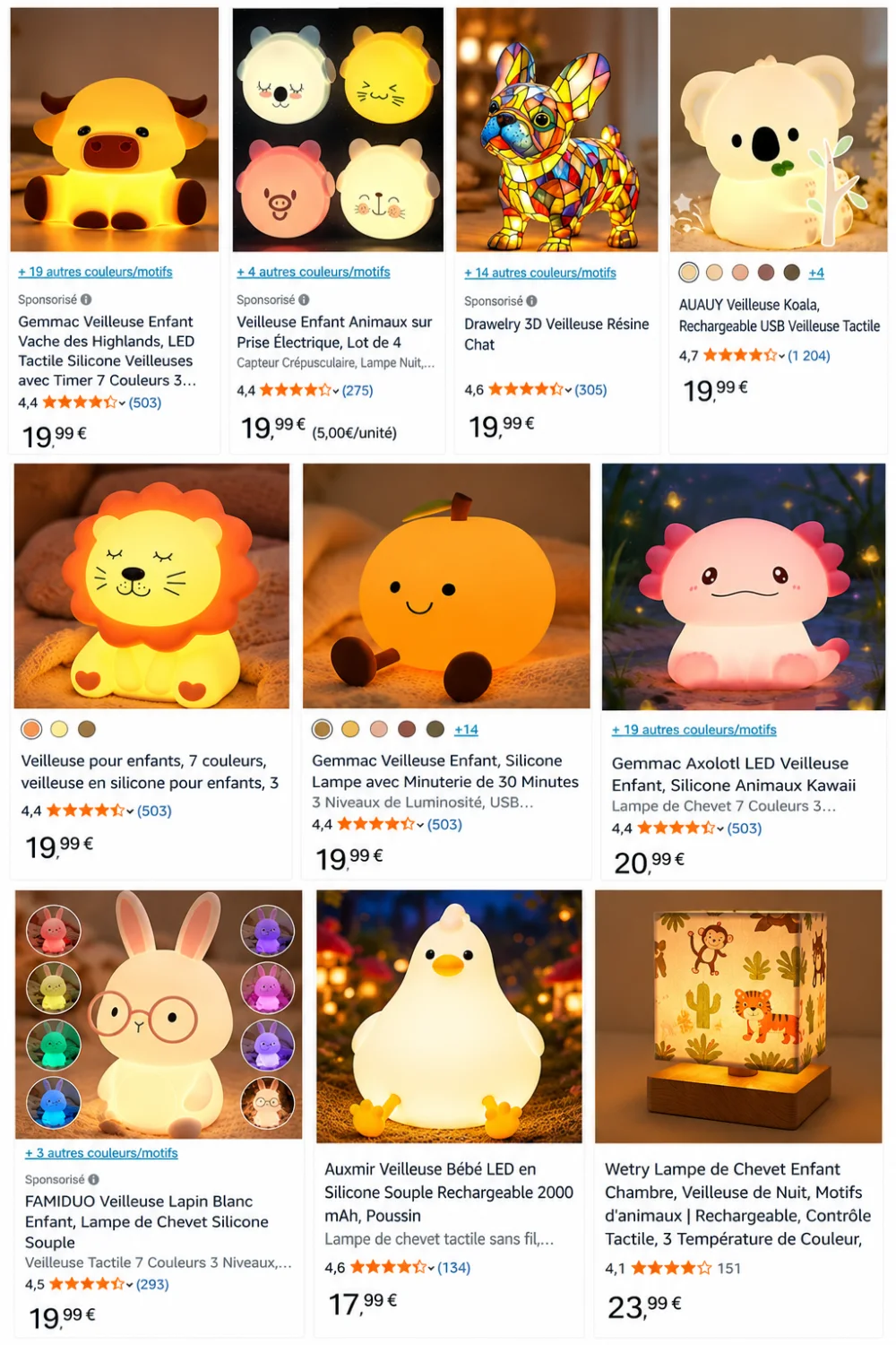 Grille des veilleuses animaux lumineuses affichées en ligne, montrant des vaches, ours, chats, chiens mosaïques, koalas, lions, citrouilles, lapin et autres luminaires colorés allumés.