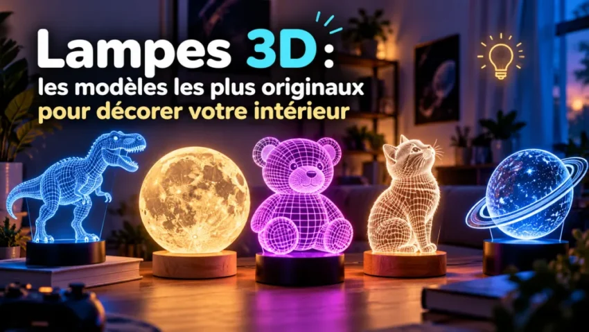 Quatre lampes 3D sur une table en bois: tyrannosaure bleu, lune dorée, ours rose et chat orange, planète bleue à anneaux.