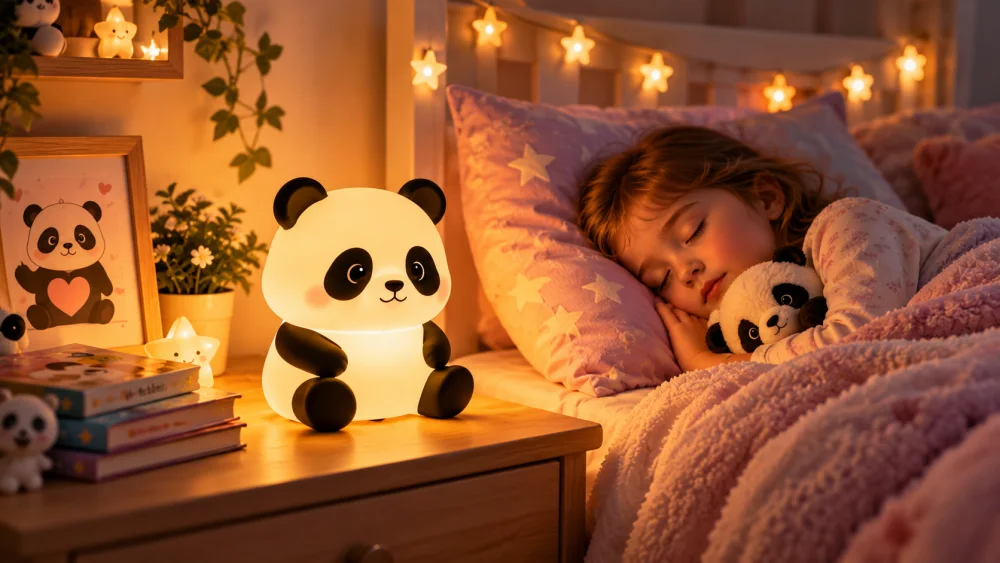 Veilleuse panda lumineuse sur une table en bois éclaire une chambre d’enfant où un enfant dort avec un panda en peluche et guirlandes étoiles
