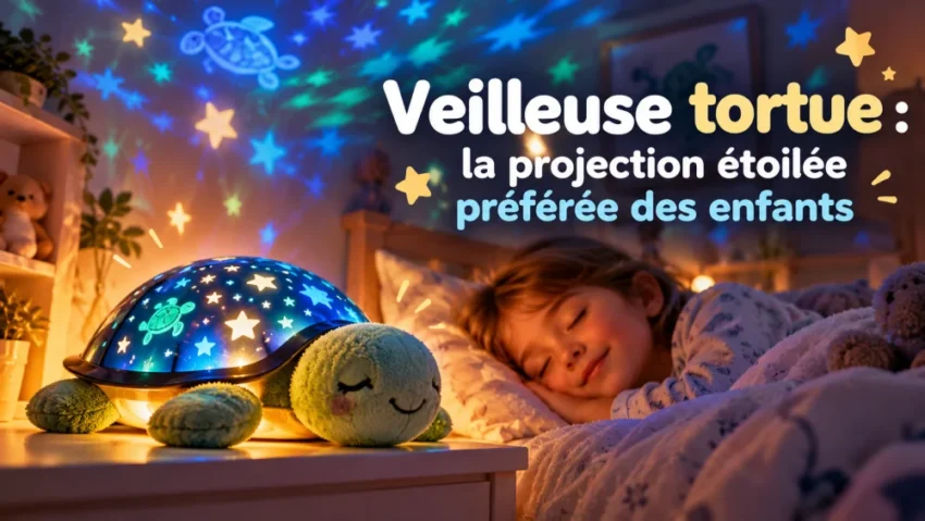 Veilleuse tortue : la projection étoilée préférée des enfants 6 une enfant dort dans son lit, près d'une veilleuse tortue bleue qui projette des étoiles multicolores sur les murs