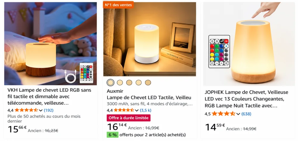 Trois vues d'une veilleuse LED RGB allumée dans des contextes domestiques: près d'un lit, sur une table, et isolée avec télécommande.