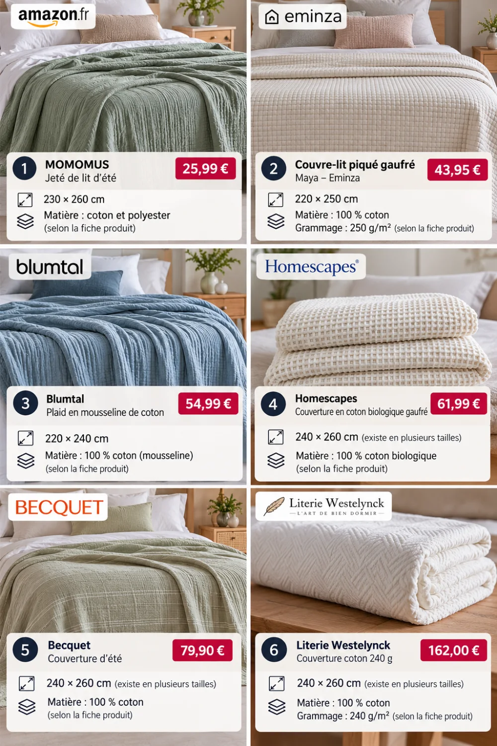 Des couvertures parfaites pour profiter du confort même en été 4 Collage de six lits faits avec couvertures texturee de tons vert, bleu, beige et creme, chaque section affichant un logo de marque en haut.