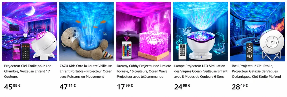 Veilleuse océan : les plus beaux projecteurs marins pour se détendre 2 collage horizontal de cinq panneaux produits lumineux oceaniques, chacun avec télécommande, motifs bleus et violets et objets decoratifs