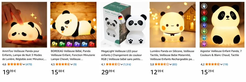 cinq images montrent des veilleuses panda lumineuses de formes variées, sur fond clair ou chaleureux, avec emballages visibles.