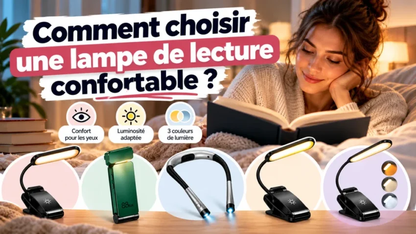 femme sur lit lit un livre; lampes de lecture sur cercles pastel au premier plan; texte haut lisible.