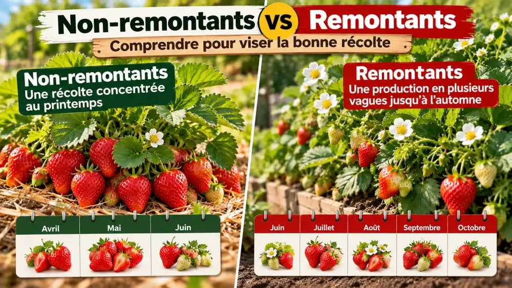 Planter des fraises en septembre : la méthode simple pour réussir et récolter au printemps 2 Deux sections montrent des fraisiers rouges et des feuilles vertes; à gauche panneau Non-remontants, à droite Remontants, calendrier en bas.