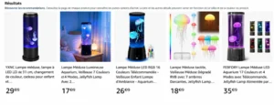 ensemble de lampes meduse LED cylindriques sur fond blanc, presentes en grille de resultats avec differentes tailles et couleurs