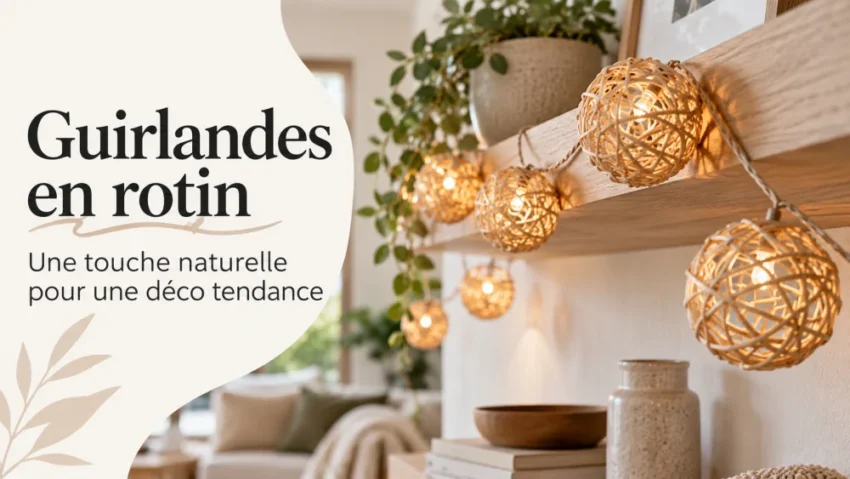 Guirlandes en rotin : une décoration naturelle et tendance 12 À gauche, texte noir 'Guirlandes en rotin' sur fond blanc; à droite, sphères lumineuses tressées en rotin sur une étagère.